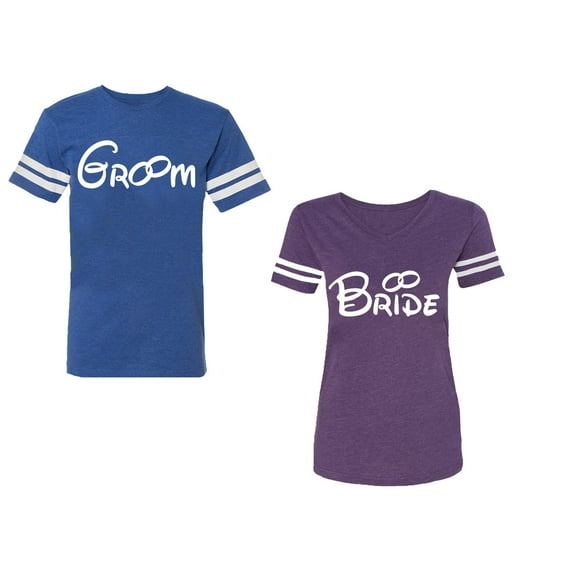 Groom & Bride Unisex Couple Matching Cotton Jersey style T-Shirt Contrasting stripes on sleeves (Men Royal / Women Purple) (Men XL / Women M)