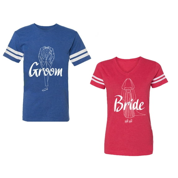 Groom Bride Unisex Couple Matching Cotton Jersey style T-Shirt Contrasting stripes on sleeves (Men Royal / Women Red) (Men L / Women XXL)