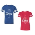 thumbnail image 1 of Groom Bride Unisex Couple Matching Cotton Jersey style T-Shirt Contrasting stripes on sleeves (Men Royal / Women Red) (Men M / Women XL), 1 of 3