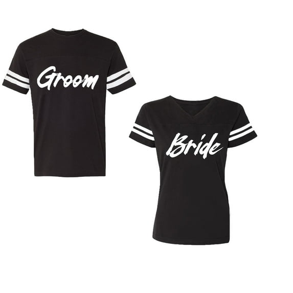 Groom BrideUnisex Couple Matching Cotton Jersey style T-Shirt Contrasting stripes on sleeves (Men Black / Women Black) (Men L / Women L)