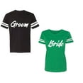 thumbnail image 1 of Groom BrideUnisex Couple Matching Cotton Jersey style T-Shirt Contrasting stripes on sleeves (Men Black / Women Green) (Men L / Women M), 1 of 3