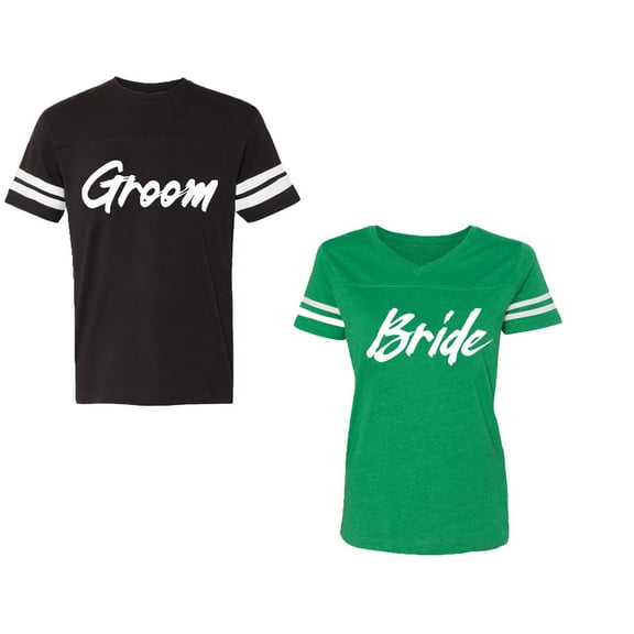 Groom BrideUnisex Couple Matching Cotton Jersey style T-Shirt Contrasting stripes on sleeves (Men Black / Women Green) (Men S / Women M)
