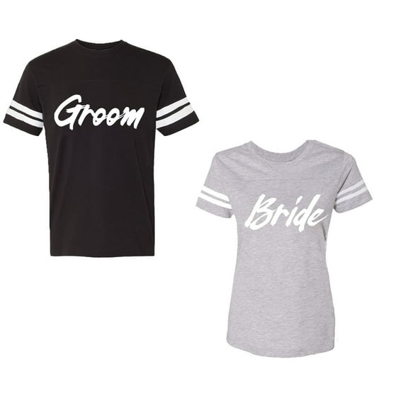 Groom BrideUnisex Couple Matching Cotton Jersey style T-Shirt Contrasting stripes on sleeves (Men Black / Women Heather) (Men XXL / Women XXL)