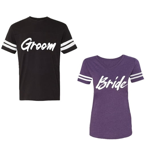 Groom BrideUnisex Couple Matching Cotton Jersey style T-Shirt Contrasting stripes on sleeves (Men Black / Women Purple) (Men XXL / Women M)