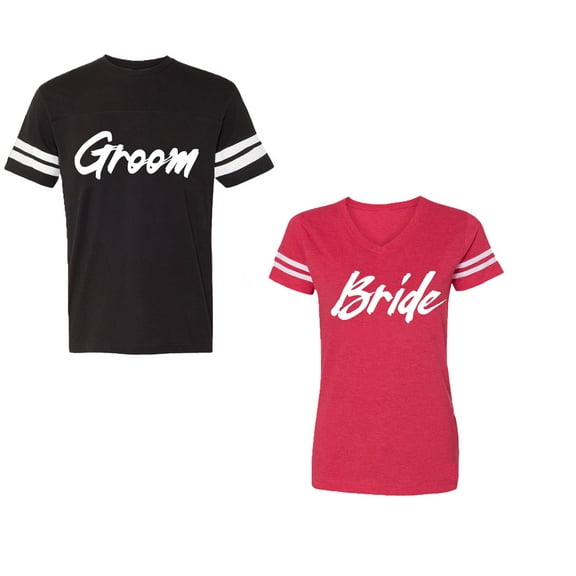 Groom BrideUnisex Couple Matching Cotton Jersey style T-Shirt Contrasting stripes on sleeves (Men Black / Women Red) (Men L / Women L)
