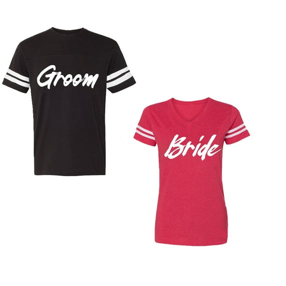 Groom BrideUnisex Couple Matching Cotton Jersey style T-Shirt Contrasting stripes on sleeves (Men Black / Women Red) (Men M / Women XXL)