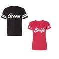 thumbnail image 1 of Groom BrideUnisex Couple Matching Cotton Jersey style T-Shirt Contrasting stripes on sleeves (Men Black / Women Red) (Men XXL / Women M), 1 of 3