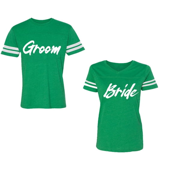 Groom BrideUnisex Couple Matching Cotton Jersey style T-Shirt Contrasting stripes on sleeves (Men Green / Women Green) (Men S / Women XXL)