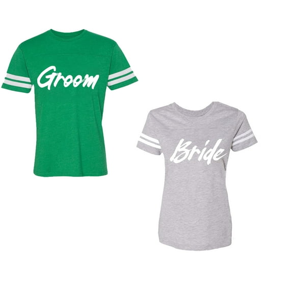 Groom BrideUnisex Couple Matching Cotton Jersey style T-Shirt Contrasting stripes on sleeves (Men Green / Women Heather) (Men XXL / Women XL)