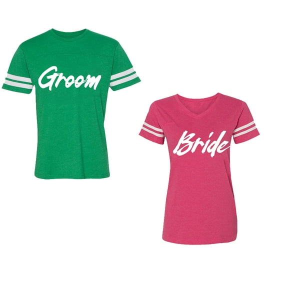 Groom BrideUnisex Couple Matching Cotton Jersey style T-Shirt Contrasting stripes on sleeves (Men Green / Women Pink) (Men XL / Women S)