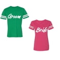 thumbnail image 1 of Groom BrideUnisex Couple Matching Cotton Jersey style T-Shirt Contrasting stripes on sleeves (Men Green / Women Pink) (Men XXXL / Women XXL), 1 of 3