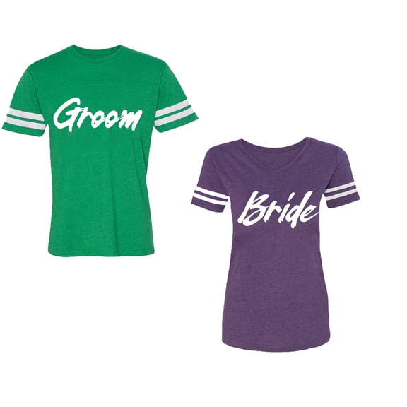 Groom BrideUnisex Couple Matching Cotton Jersey style T-Shirt Contrasting stripes on sleeves (Men Green / Women Purple) (Men S / Women XL)