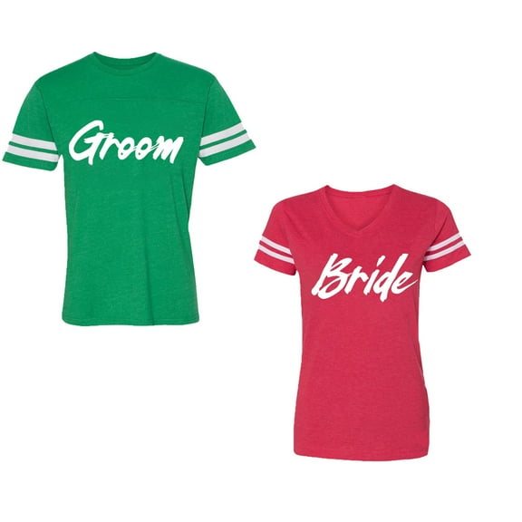 Groom BrideUnisex Couple Matching Cotton Jersey style T-Shirt Contrasting stripes on sleeves (Men Green / Women Red) (Men M / Women L)