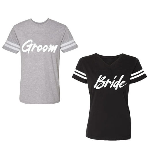 Groom BrideUnisex Couple Matching Cotton Jersey style T-Shirt Contrasting stripes on sleeves (Men Heather / Women Black) (Men M / Women XL)