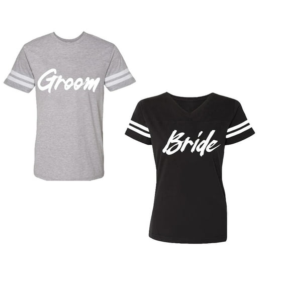 Groom BrideUnisex Couple Matching Cotton Jersey style T-Shirt Contrasting stripes on sleeves (Men Heather / Women Black) (Men S / Women M)