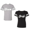 thumbnail image 1 of Groom BrideUnisex Couple Matching Cotton Jersey style T-Shirt Contrasting stripes on sleeves (Men Heather / Women Black) (Men S / Women S), 1 of 3