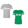 thumbnail image 1 of Groom BrideUnisex Couple Matching Cotton Jersey style T-Shirt Contrasting stripes on sleeves (Men Heather / Women Green) (Men XXL / Women XXL), 1 of 3