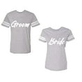 thumbnail image 1 of Groom BrideUnisex Couple Matching Cotton Jersey style T-Shirt Contrasting stripes on sleeves (Men Heather / Women Heather) (Men L / Women L), 1 of 3
