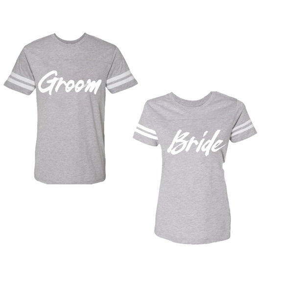 Groom BrideUnisex Couple Matching Cotton Jersey style T-Shirt Contrasting stripes on sleeves (Men Heather / Women Heather) (Men S / Women L)