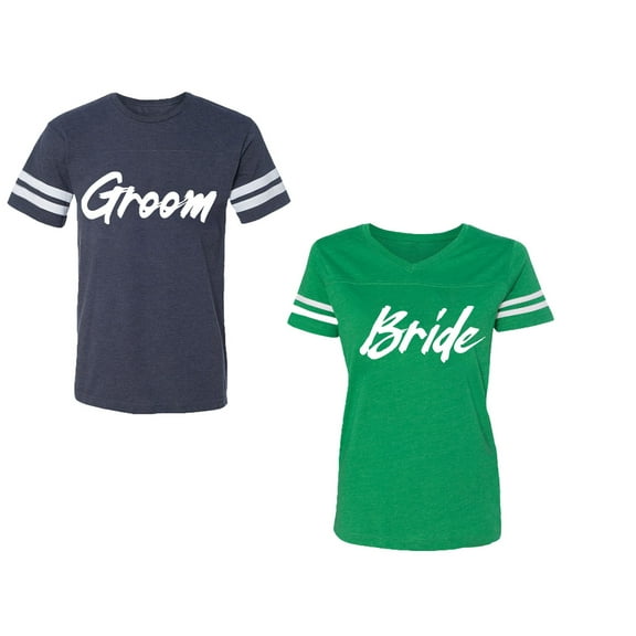 Groom BrideUnisex Couple Matching Cotton Jersey style T-Shirt Contrasting stripes on sleeves (Men Navy / Women Green) (Men M / Women XL)