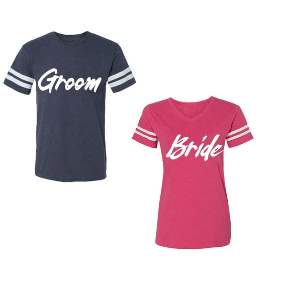 Groom BrideUnisex Couple Matching Cotton Jersey style T-Shirt Contrasting stripes on sleeves (Men Navy / Women Pink) (Men M / Women L)