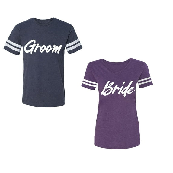 Groom BrideUnisex Couple Matching Cotton Jersey style T-Shirt Contrasting stripes on sleeves (Men Navy / Women Purple) (Men XXL / Women S)
