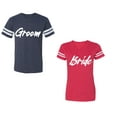 thumbnail image 1 of Groom BrideUnisex Couple Matching Cotton Jersey style T-Shirt Contrasting stripes on sleeves (Men Navy / Women Red) (Men M / Women XL), 1 of 3