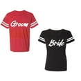 thumbnail image 1 of Groom BrideUnisex Couple Matching Cotton Jersey style T-Shirt Contrasting stripes on sleeves (Men Red / Women Black) (Men XL / Women XXL), 1 of 3