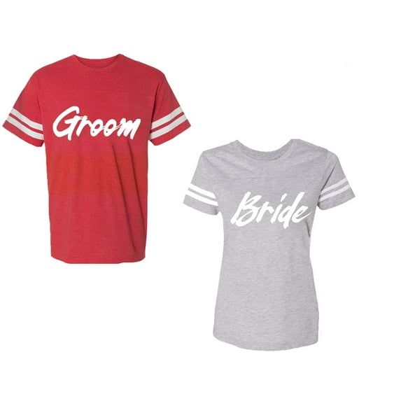 Groom BrideUnisex Couple Matching Cotton Jersey style T-Shirt Contrasting stripes on sleeves (Men Red / Women Heather) (Men L / Women L)