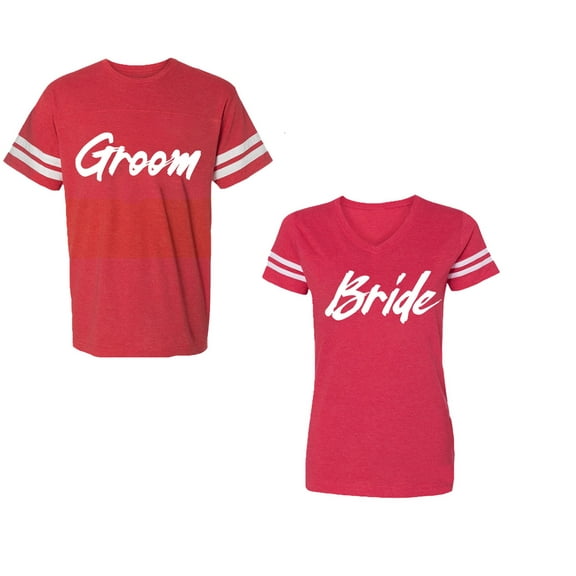 Groom BrideUnisex Couple Matching Cotton Jersey style T-Shirt Contrasting stripes on sleeves (Men Red / Women Red) (Men S / Women S)