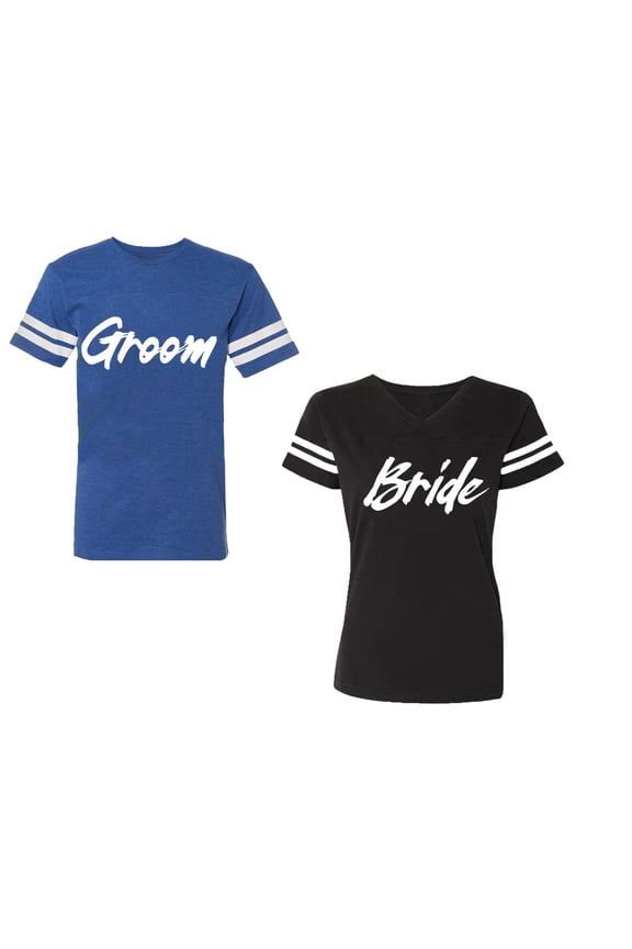 Groom BrideUnisex Couple Matching Cotton Jersey style T-Shirt Contrasting stripes on sleeves (Men Royal / Women Black) (Men S / Women S)