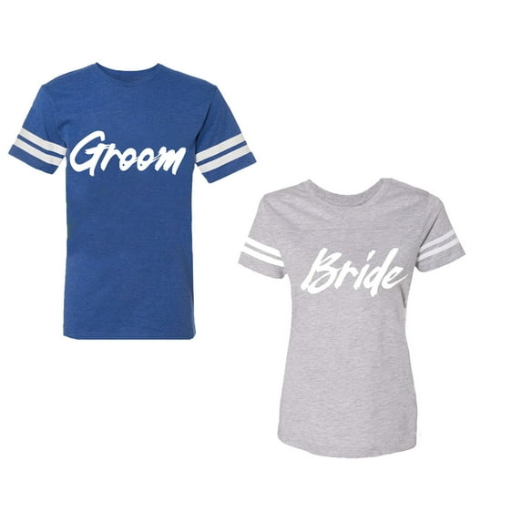 Groom BrideUnisex Couple Matching Cotton Jersey style T-Shirt Contrasting stripes on sleeves (Men Royal / Women Heather) (Men L / Women S)