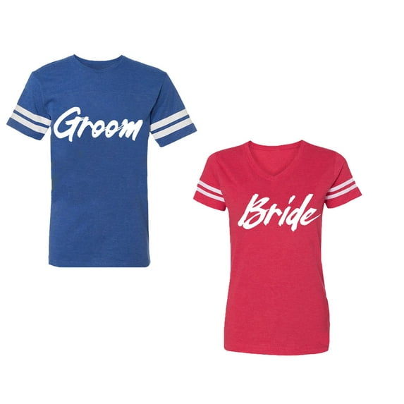 Groom BrideUnisex Couple Matching Cotton Jersey style T-Shirt Contrasting stripes on sleeves (Men Royal / Women Red) (Men S / Women XL)
