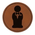 thumbnail image 1 of Groom Symbol Wedding 2.5" Faux Leather Round Engraved Iron-On Patch - Brown, 1 of 6