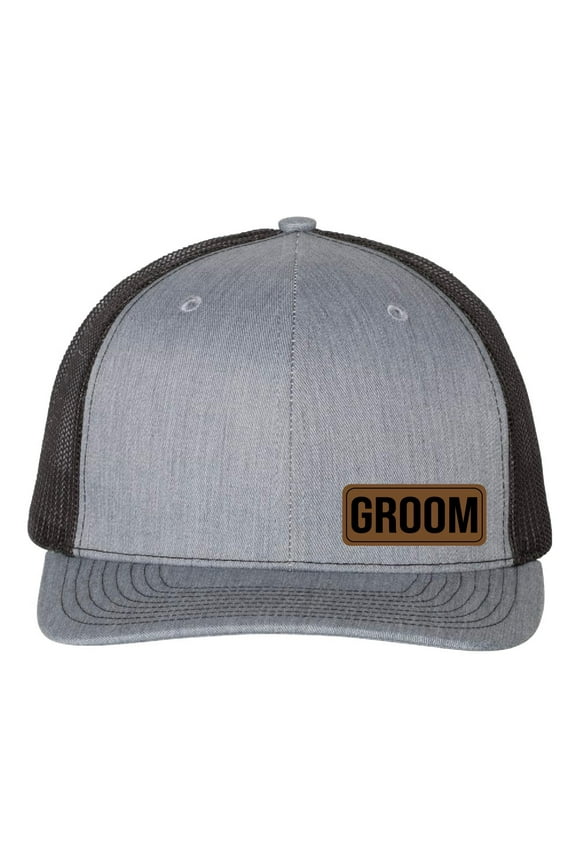 Groom Vegan Leather Patch Cap, Richardson 112, Richardson Hat, Groom Hat, Groom Dad Hat, Groom Gifts, Richardson Cap, Wedding Party Hats (Heather Grey Black)