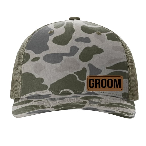 Groom Vegan Leather Patch Cap, Richardson 112, Richardson Hat, Groom Hat, Groom Dad Hat, Groom Gifts, Richardson Cap, Wedding Party Hats (Marsh Camo)