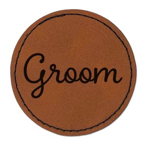 Groom Wedding Fun Text 2.5" Faux Leather Round Engraved Iron-On Patch - Brown