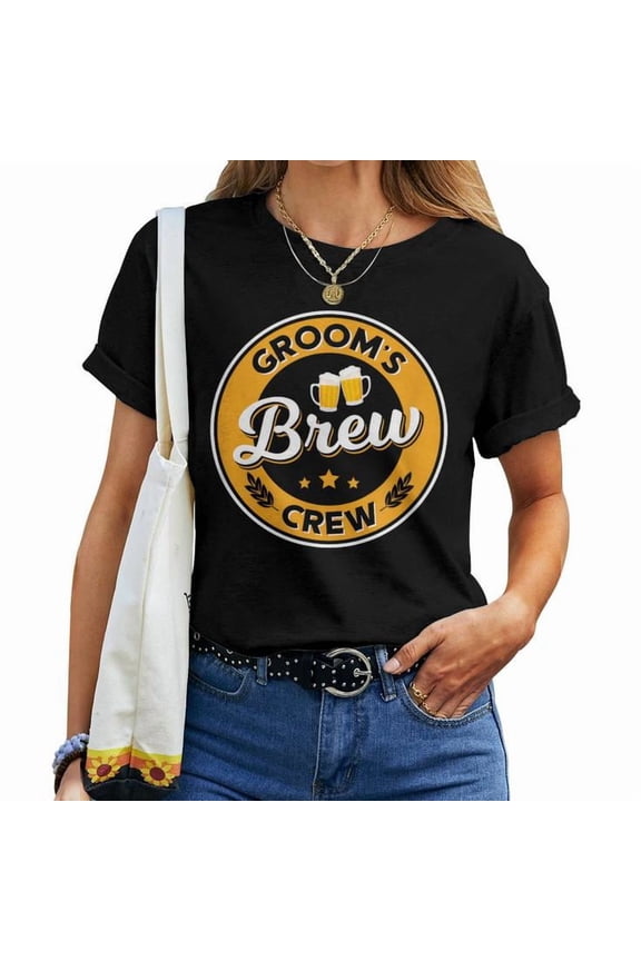 Groom’s Brew Crew Stag Party Beer Groomsmen T-Shirt Women Adult Cotton Comfortable Wedding Celebration Casual Tee, Size 3XL, Color Black