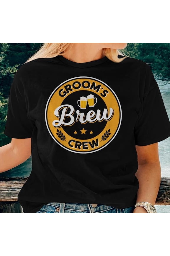 Groom’s Brew Crew Stag Party Beer Groomsmen T-Shirt Women Adult Cotton Comfortable Wedding Celebration Casual Tee, Size S, Color Black
