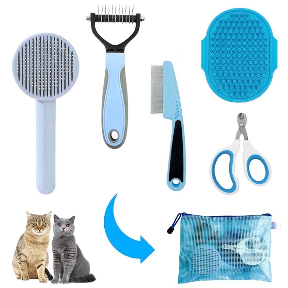 Pet Grooming Brush Kit, 5 Pcs Cat Grooming Supplies for Shedding & Matted Fur, Blue