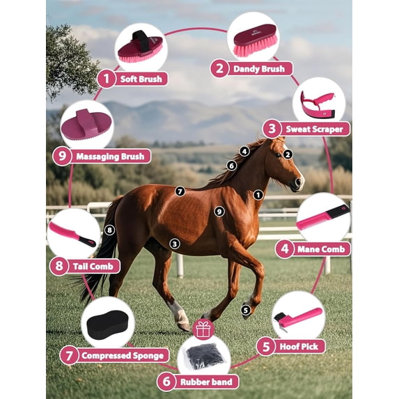 Grooming Kit Pink Complete Equine Brush Set for Shedding Daily Care