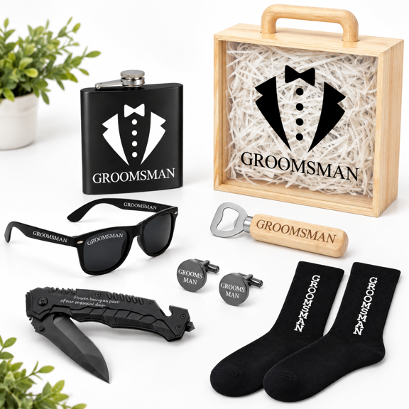 Groomsman Wedding Proposal Gift Box Set with Wooden Storage Case