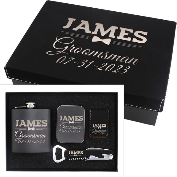 Groomsmen Box Set for Bachelor and Wedding Party Favor - Engraved Groom, Best Man, Boxes - Bow Tie