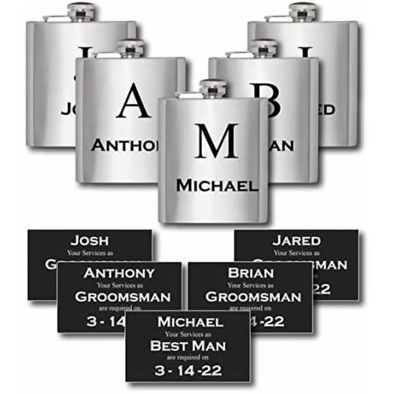 Groomsmen Gifts set of 6, Personalized Flask, Groomsman Proposal Gift, Personalized Card, Groomsmen Gifts Set, Engraved Silver Flask, Mens Gift, Holiday Gift, Boyfriend Gift, Gift for Him