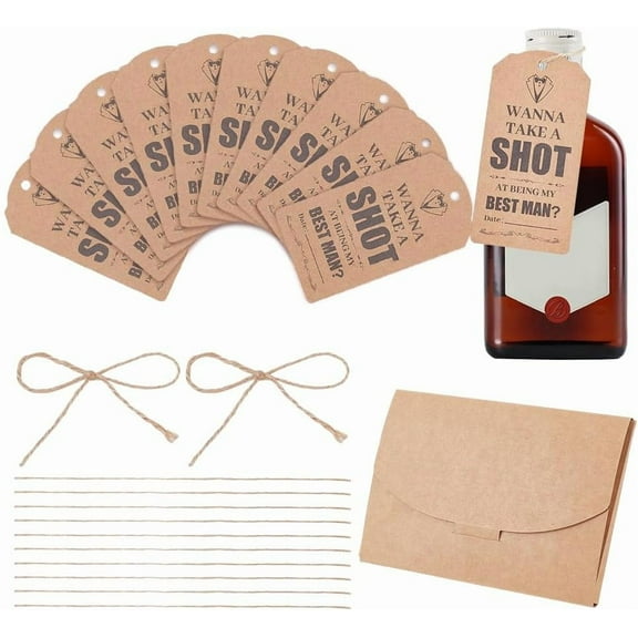 Groomsmen Proposal Gift 10Pcs Be My Groomsman Cards Bottle Tags with Jute Cords and Paper Postcard Packaging Boxes Take Shot Tag Groomsmen Cards Set for Wedding Party Invitations Goldenrod Golden