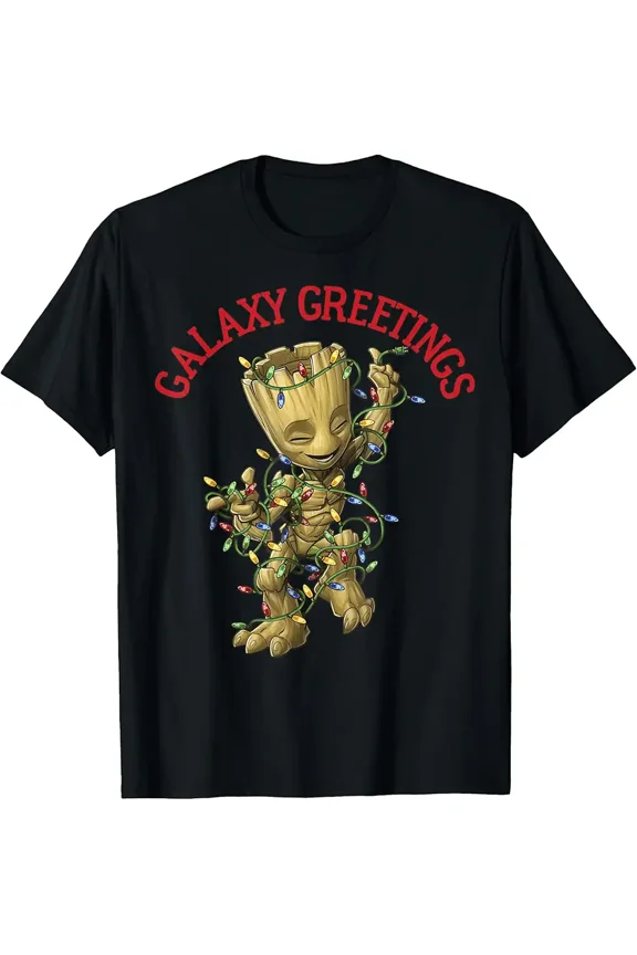 Groot Galaxy Greetings Holiday Christmas Short Sleeve T-Shirt up to size 5XL
