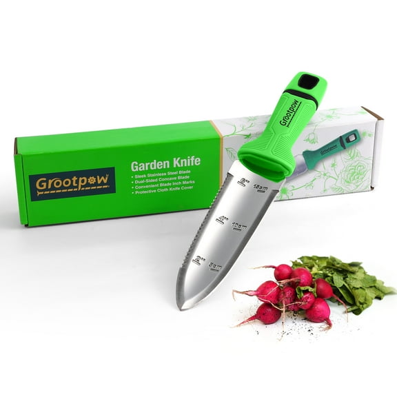 Grootpow GK01 Hori Hori Garden Knife, Full Tang Gardening Knife with 7.1" Stainless Steel Double-Edged Blade, Heavy Duty Gardening Hand Tool for Weeding and Gardening with Oxford Sheath - in Gift Box