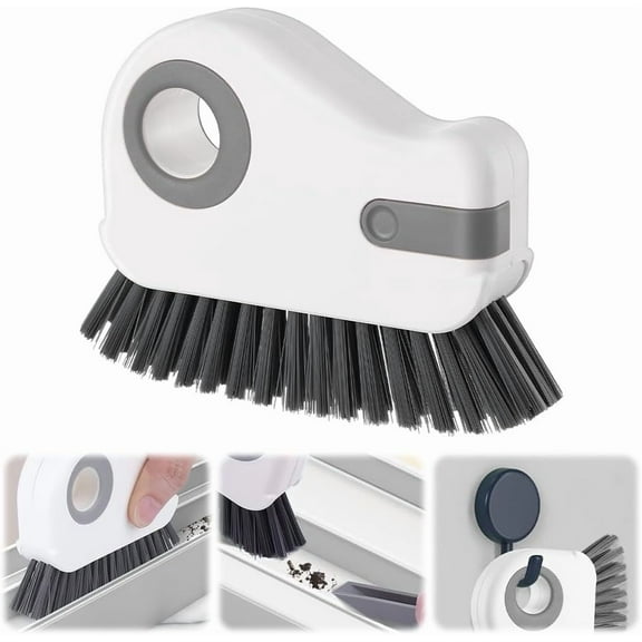 Groove Cleaning Brush, Window Track Cleaning Tools, Multifunction Window Track Cleaner with Hard Bristle and Hidden Scraper, Crevice Brush for Sliding Door Track, Window Seal, Sill (Gray)