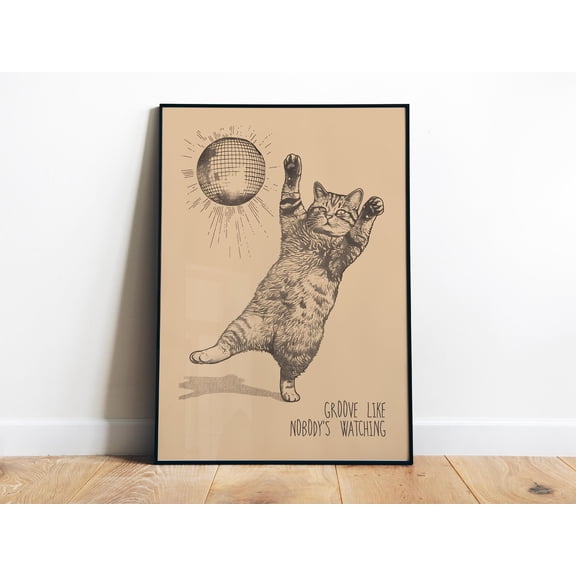 Groove Like Nobody'S Watching Print Cat Art Printable Retro Wall Art Dancing Cat Print Disco Art Kitchen Nook Decor Cute Kitten Print, Poster Only