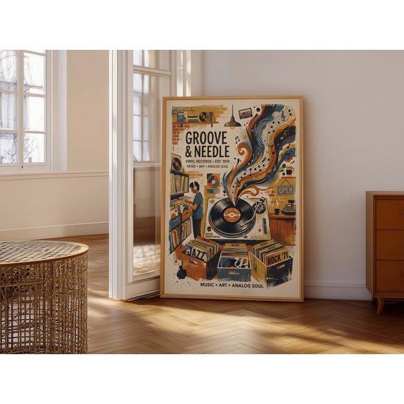 Groove & Needle Vintage Vinyl Record Store Artwork Music Art Analog Soul Retro Musical Decor Perfect for Music Lovers Wall Art